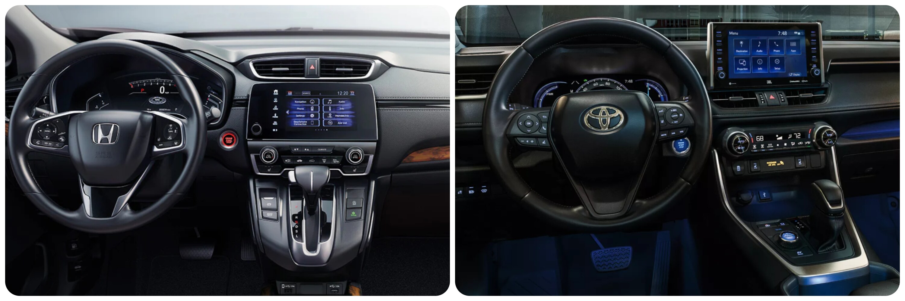 On the left a view of the dash and infotainment system of a 2022 Honda CR-V, on the right a view of the dash and infotainment system of a 2022 Toyota RAV4
