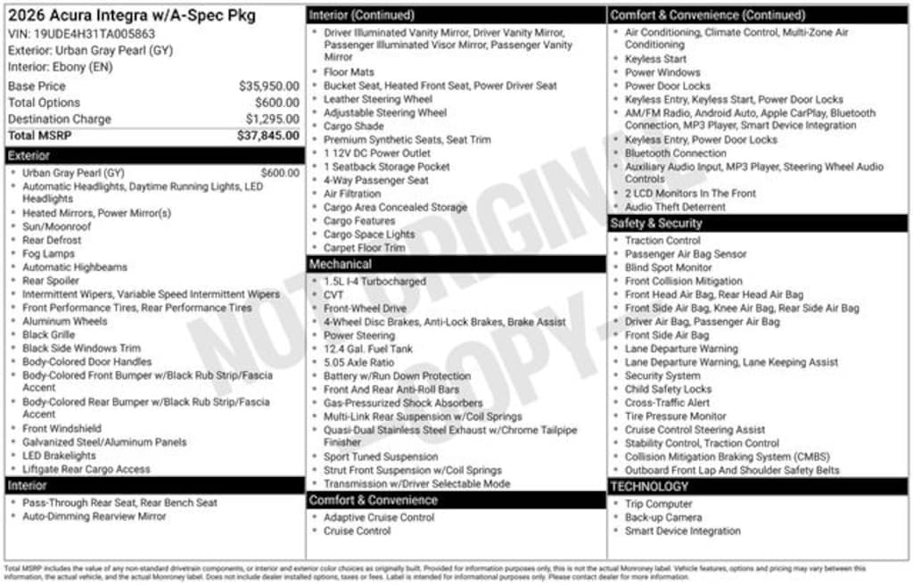 New 2026 Acura Integra w/A-Spec Package Hatchback