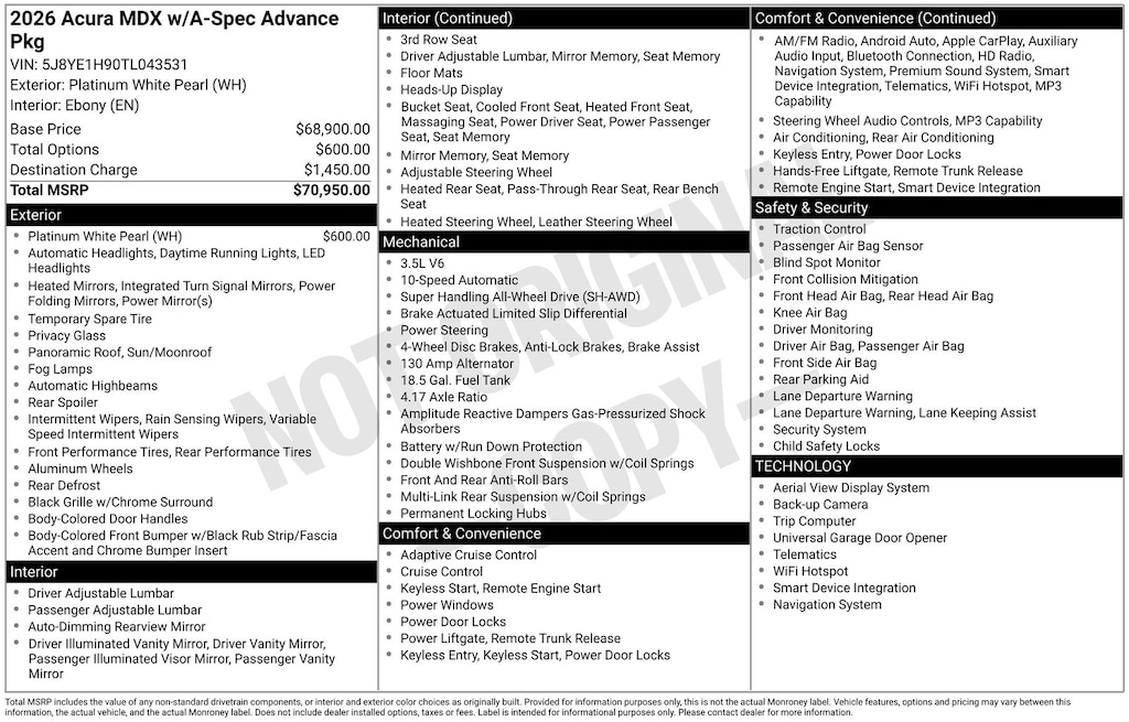 New 2026 Acura MDX A-Spec Advance Package SUV