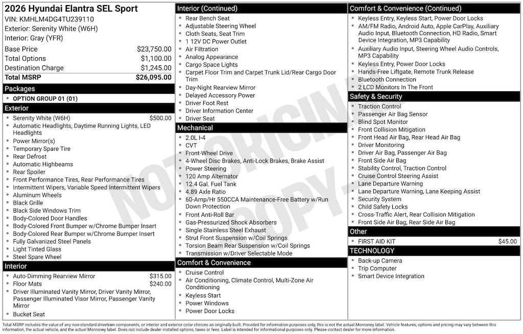 New 2026 Hyundai Elantra SEL Sport Sedan