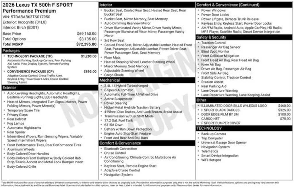 New 2026 Lexus TX HYBRID 500h F SPORT PERFORMANCE PREMIUM AWD TX 500h AWD