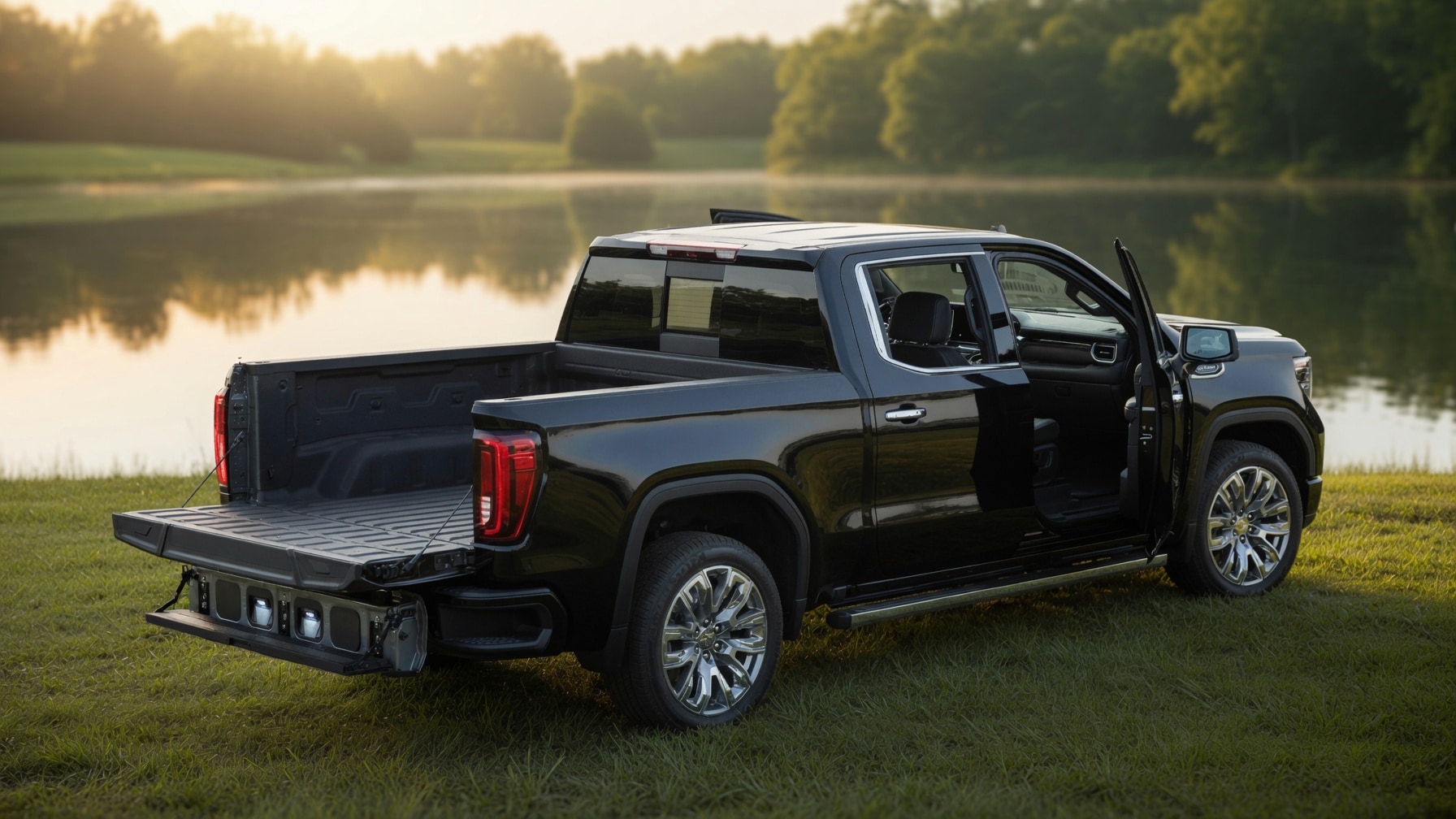 2026 GMC Sierra 1500 Denali or SLT in clean summer lifestyle setting near water - OEM quality photography with dramatic natural lighting