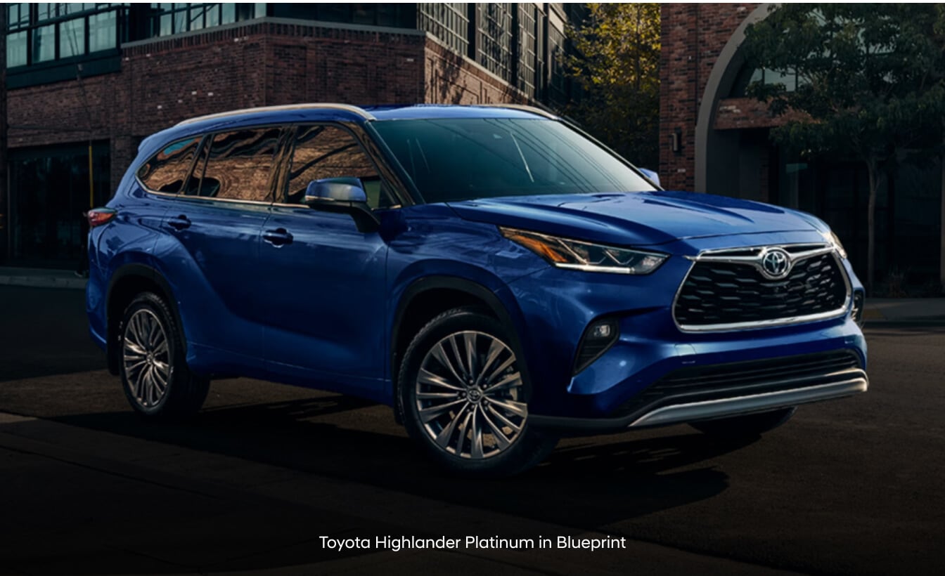 Toyota Highlander Platinum in Blueprint with roof rails on city street.