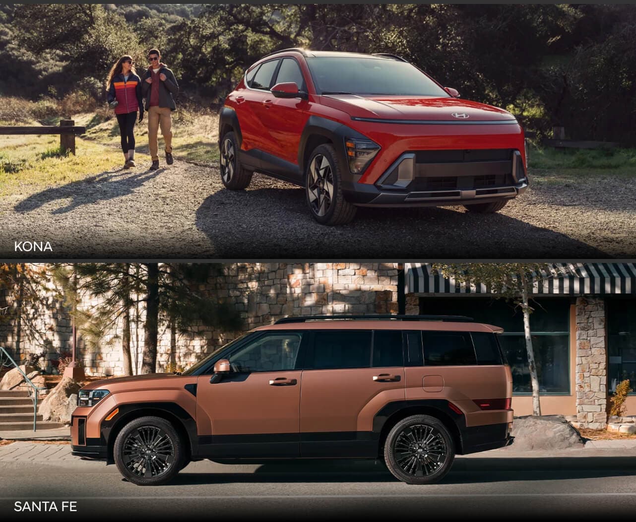 A red Hyundai Konda parked at a trailhead. A tan Hyundai Santa Fe parked on a cityt street.
