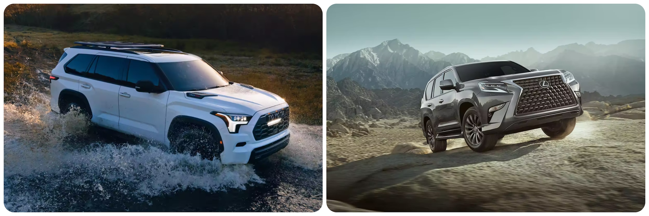 On the left a white 2023 Toyota Sequioa forges through a stream and on the right a gray 2023 Lexus GX460 climbs a rocky landscape