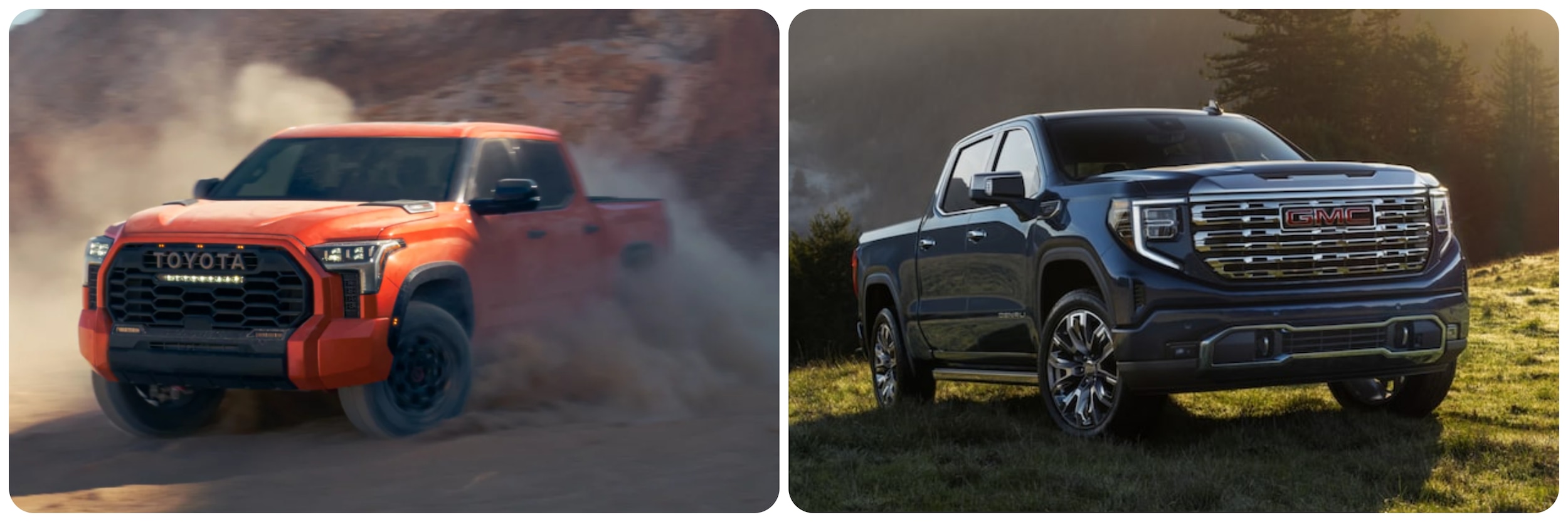 On the left an orange 2022 Toyota
Tundra kicks up a cloud of dust as it drives across a dirt field. On the right
a blue 2022 GMC Sierra sits parked on a grassy meadow.