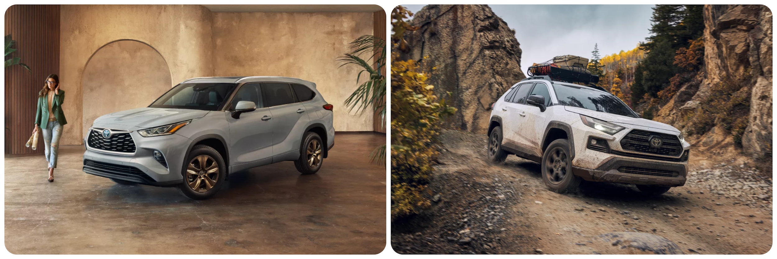 On the left a 2022 Toyota Highlander in gray sits in a concrete art studio, on the right a white 2022 Toyota RAV4 in white takes a dirt road in rocky terrain