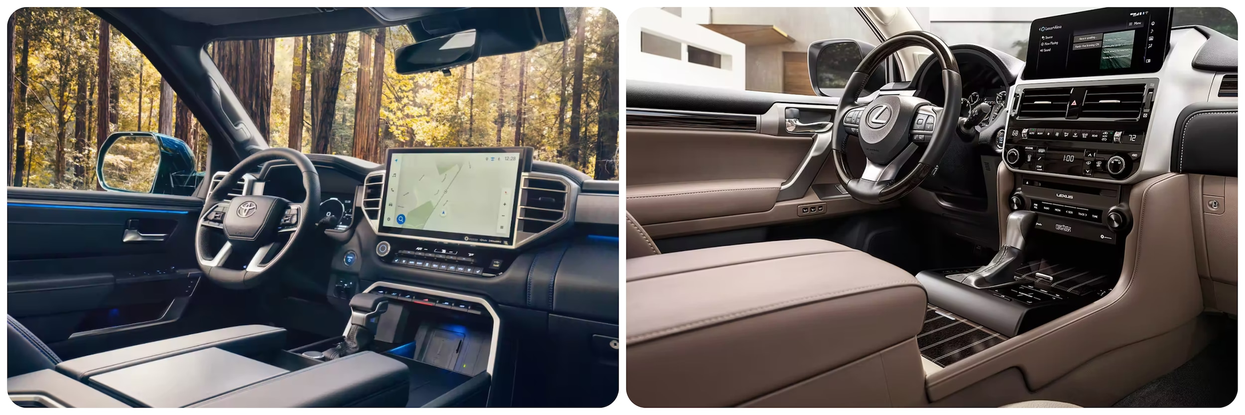 A view of the dash and infotainment systems of a 2023 Toyota Sequioa on the left and the 2023 Lexus GX460 on the right