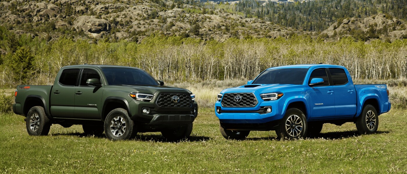 New 2021 Toyota Tacoma TRD trucks parked on a grassy field opening