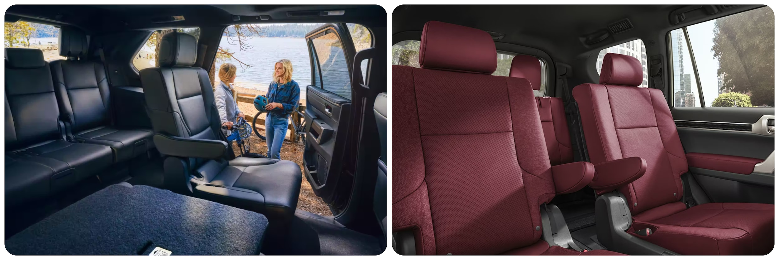 On the left a view of the leather upholstered seating of a 2023 Toyota Sequioa and on the right a red upholstered interior of a 2023 Lexus GX460