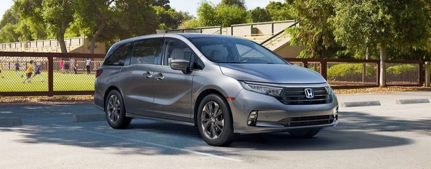 A silver 2024 Honda Odyssey parked near a field.