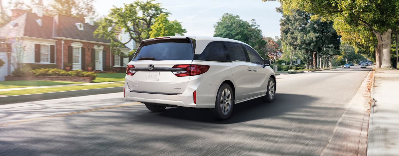 Rear of a white 2025 Honda Odyssey driving down a road.