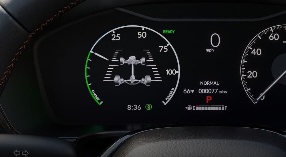 Close-up of the digital dash in a 2025 Honda CR-V Hybrid for sale.