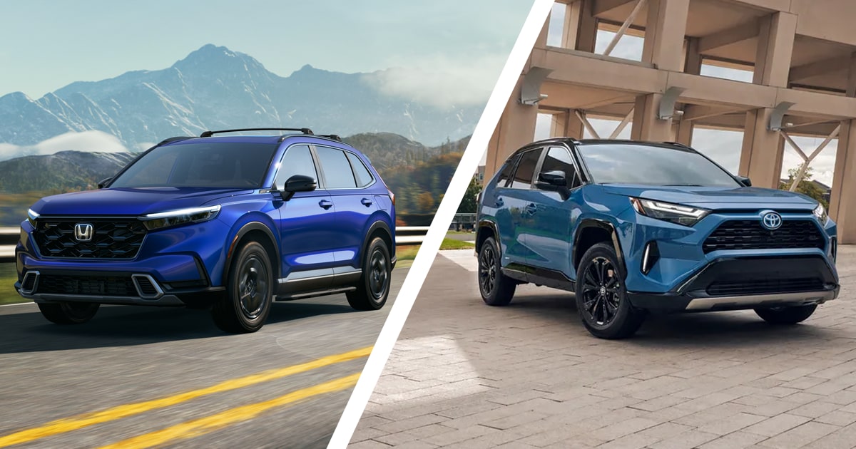 Comparison photos of a Honda CR-V and a Toyota RAV4 in similar blue colors