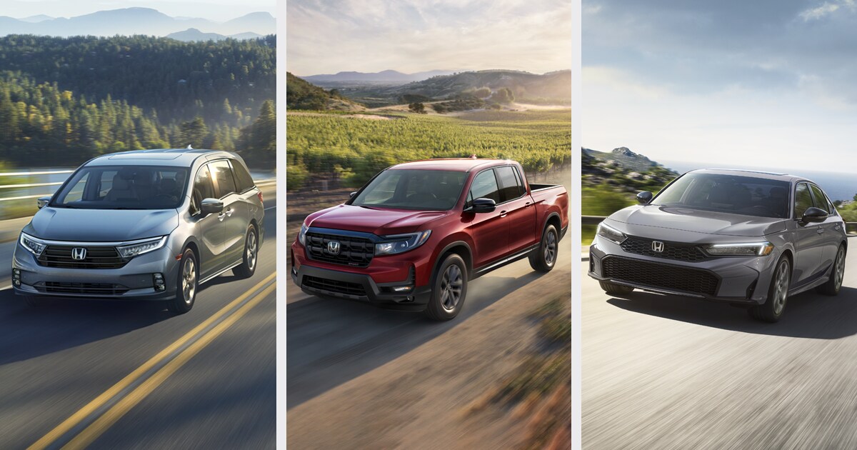 Multiple Honda models of all body styles driving down a highway.