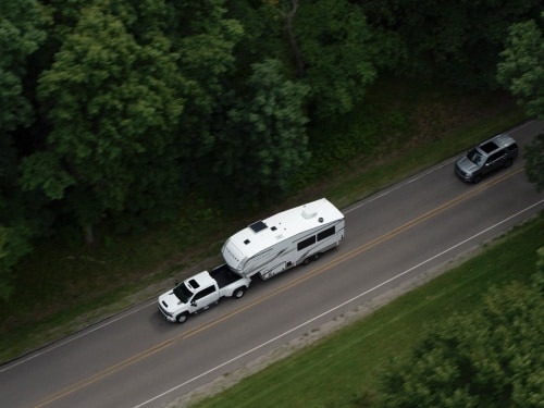 2026 Chevrolet Silverado 2500 overhead view towing an RV