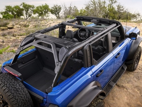 Overhead view of 2025 Ford Bronco with its top off and windows down