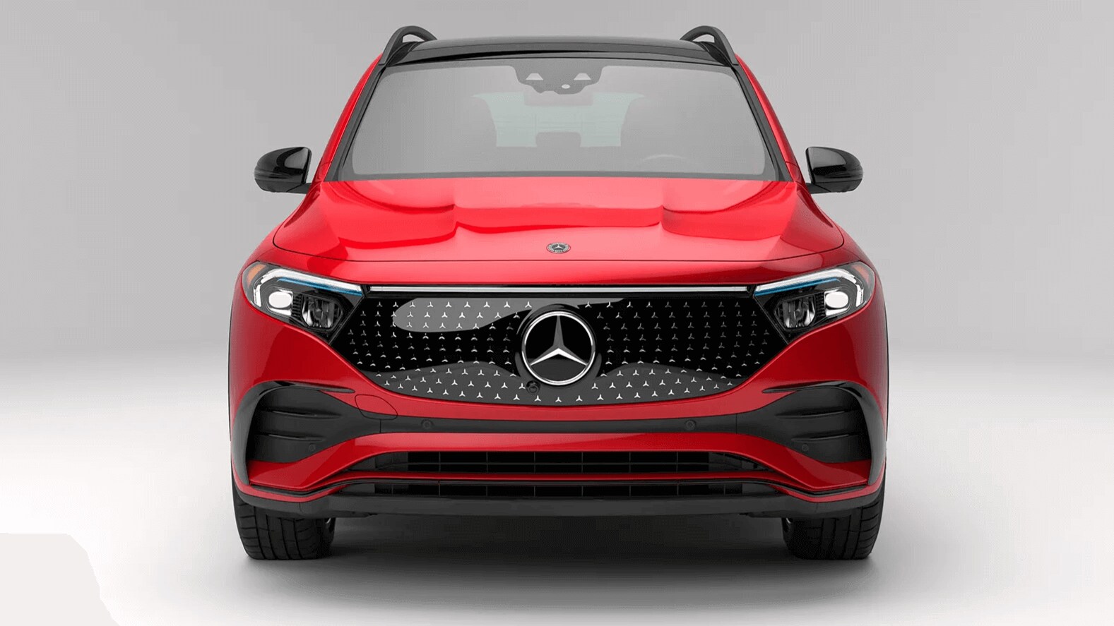 Learn about the exterior design features of the Mercedes-Benz EQB SUV Front shot of the EQB SUV showing the headlights and front grille