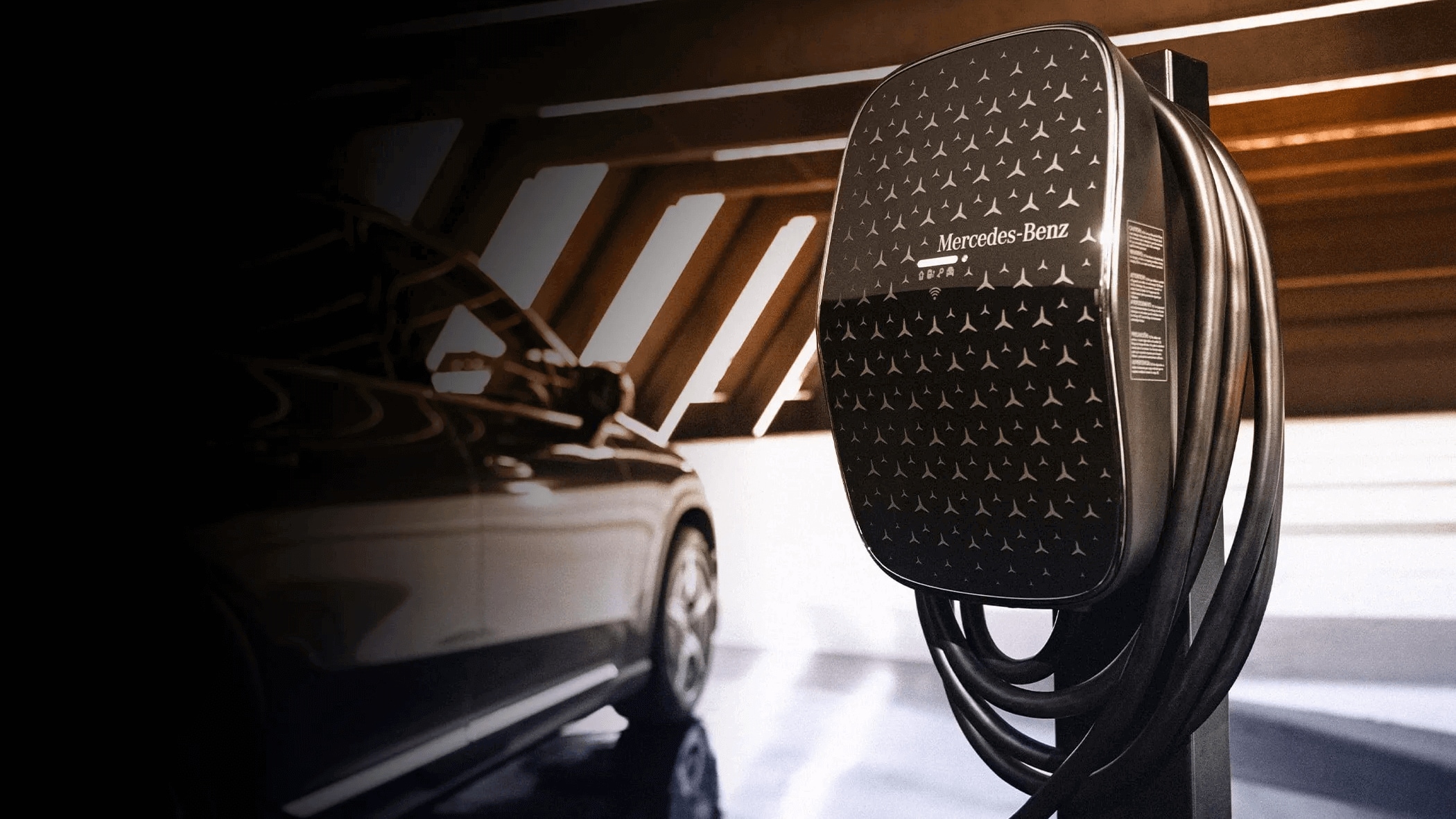 Learn about the performance features of the Mercedes-Benz EQB SUV Render of an at-home charging unit