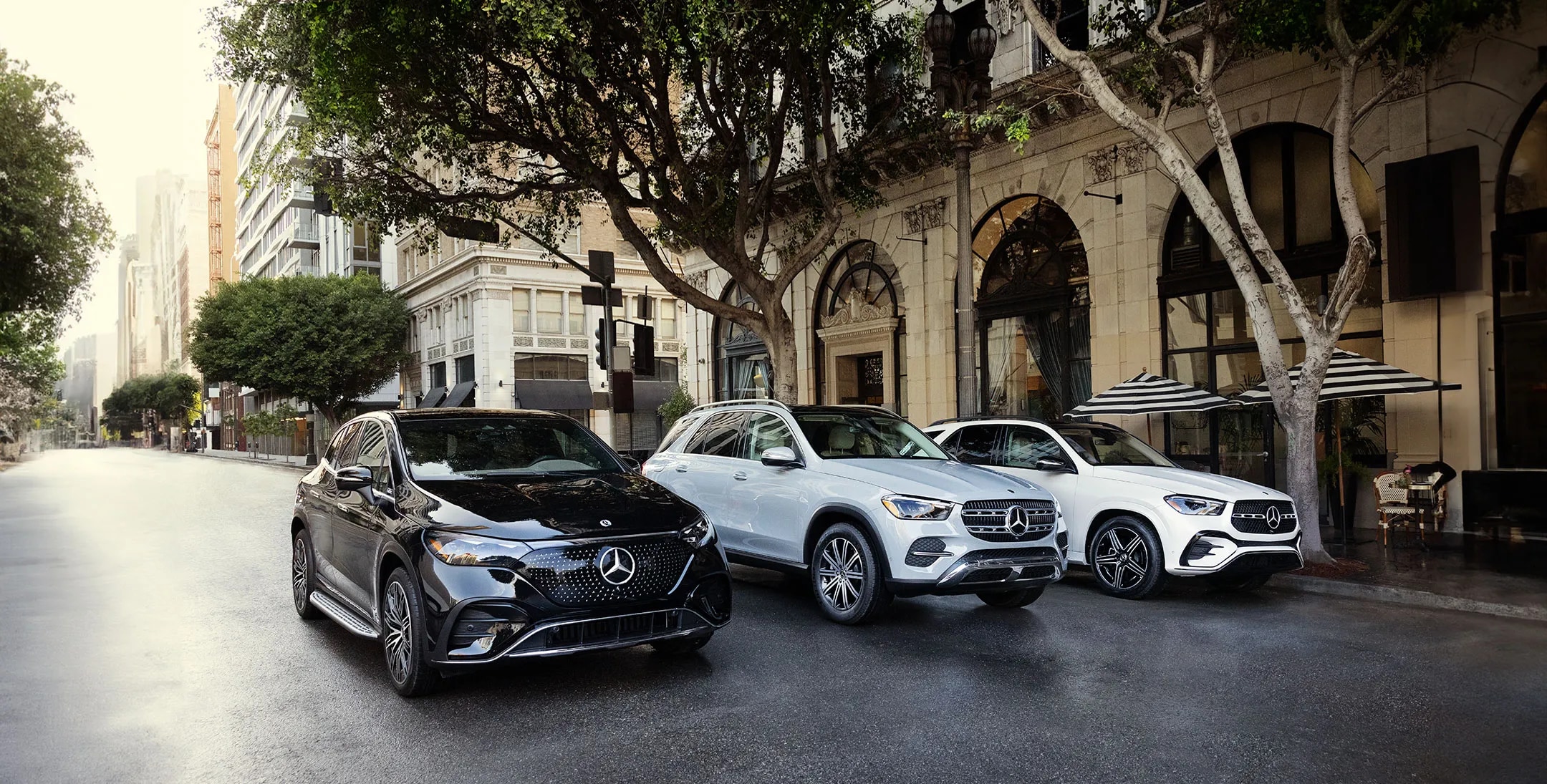A lineup of new Mercedes-Benz vehicles