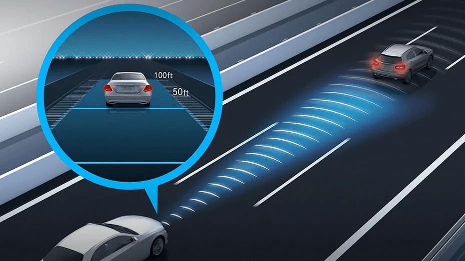 Learn about the DISTRONIC® Adaptive Cruise Control safety feature Rendered image of the Mercedes-Benz DISTRONIC® Adaptive Cruise Control