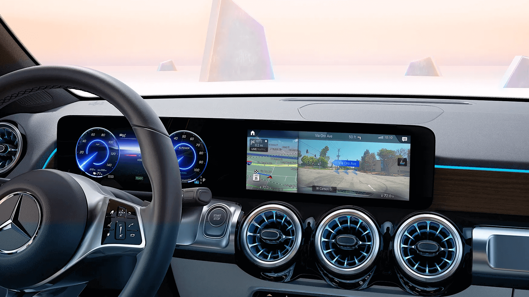 Learn about the technology features of the Mercedes-Benz EQB SUV Interior shot of the console showing the touchscreen with front-view camera showing turn by turn directions