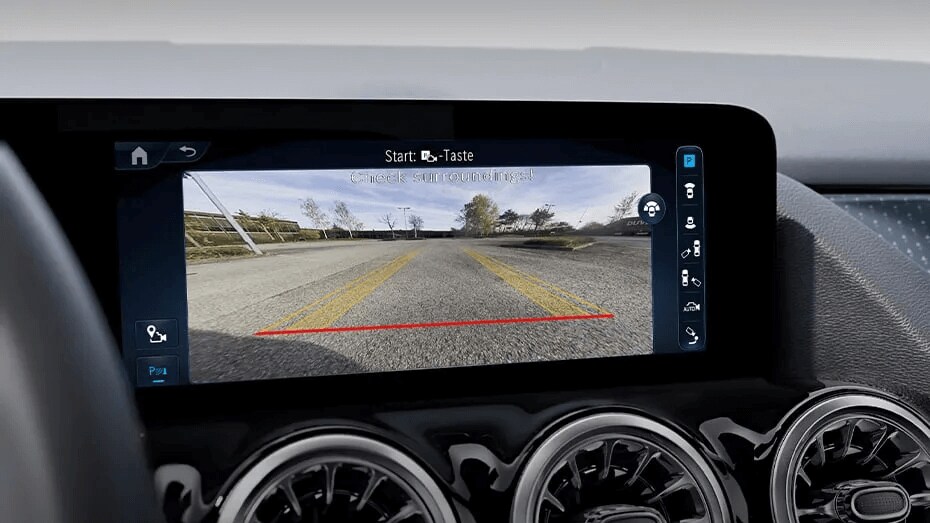 Learn about the Rearview Camera safety feature Rendered image of the rearview camera showing what's behind the Mercedes-Benz GLA SUV