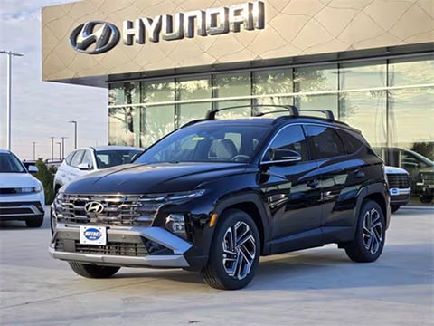 black 2026 Hyundai Tucson SUV parked at the Huffines Hyundai Plano dealership in Plano, TX