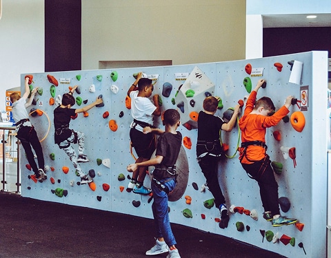kids climbing on a rock wall