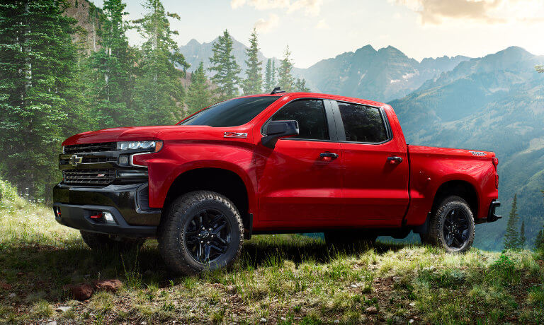 2021 Chevy Silverado 1500 in front of green mountainside