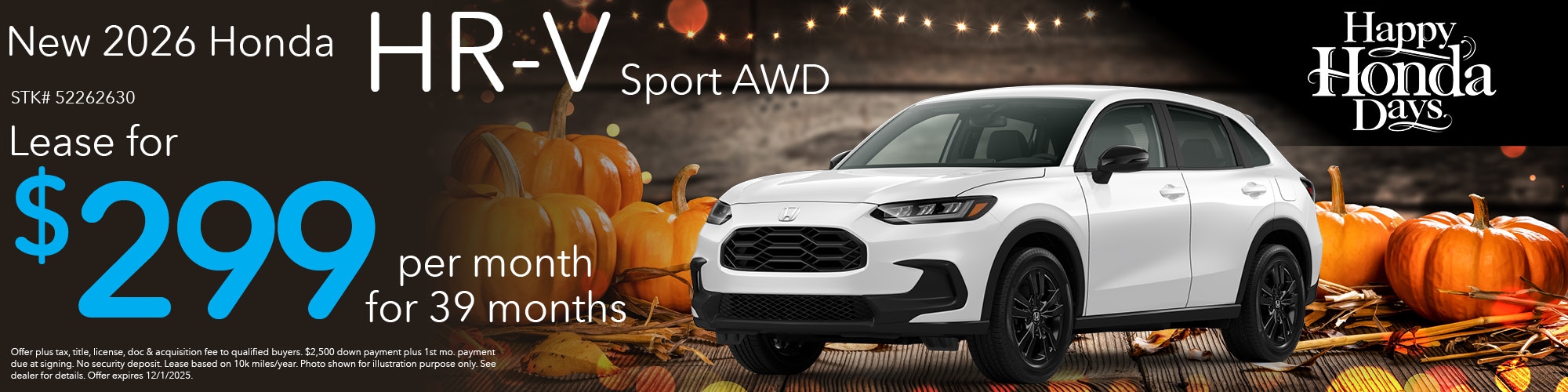 Lease a new 2026 Honda HR-V Sport AWD for $299 per month for 39 months. Stock number: 52262630
