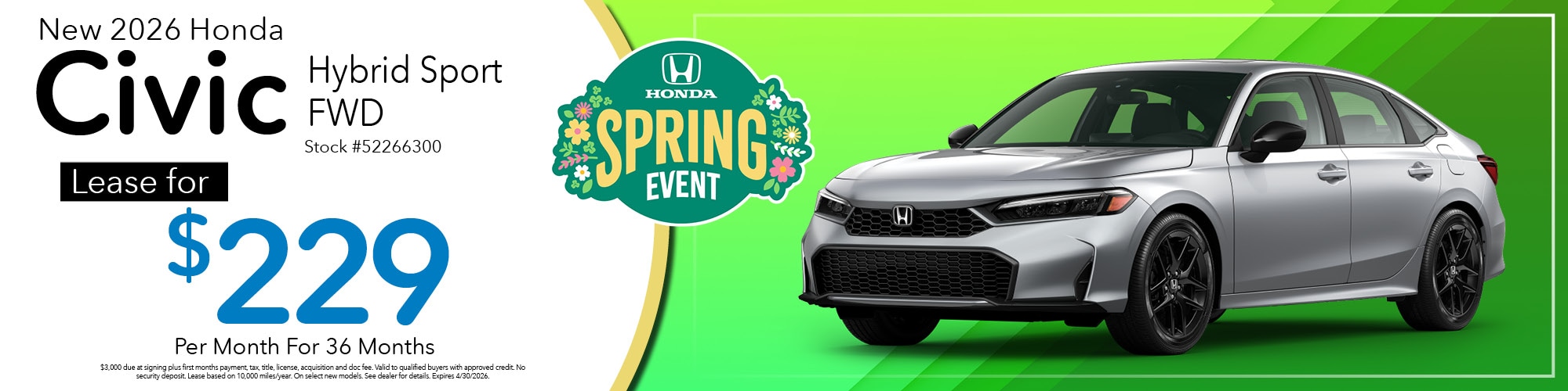 Lease a new 2026 Honda Civic Hybrid Sport FWD for $229 per month for 36 months. Stock number: 52266300