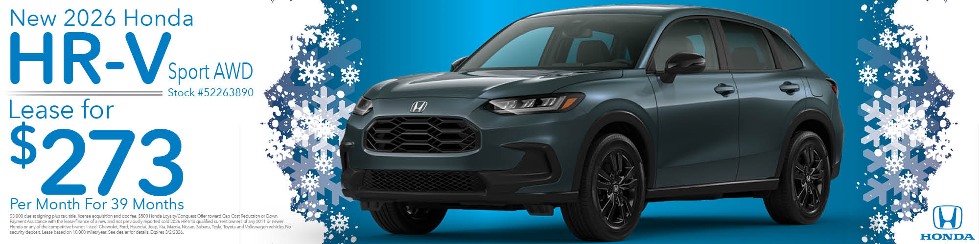 Lease a new 2026 Honda HR-V Sport AWD for $273 per month for 39 months. Stock number: 52263890
