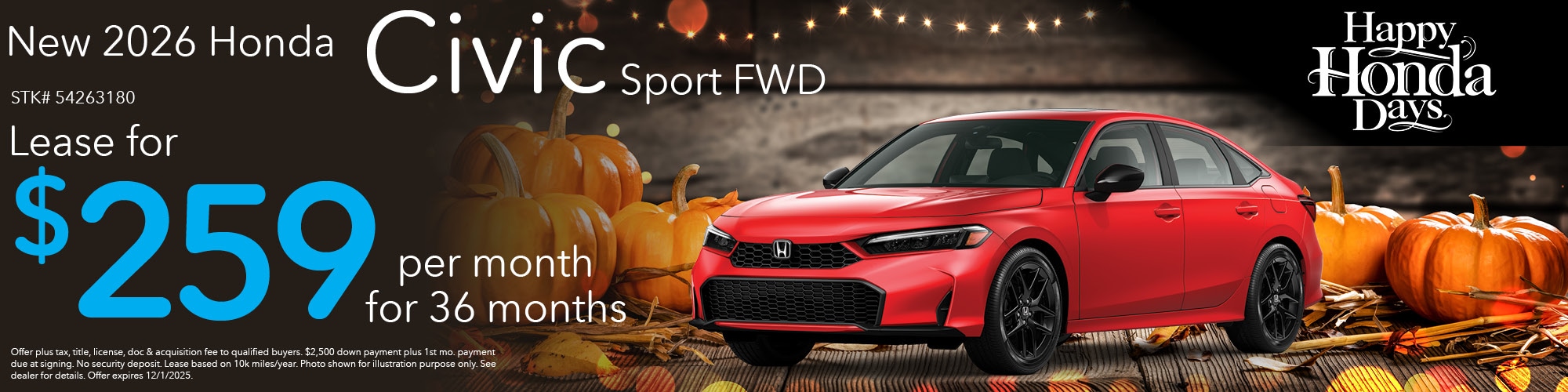 Lease a new 2026 Honda Civic Sport FWD for $259 per month for 36 months. Stock number: 54263180