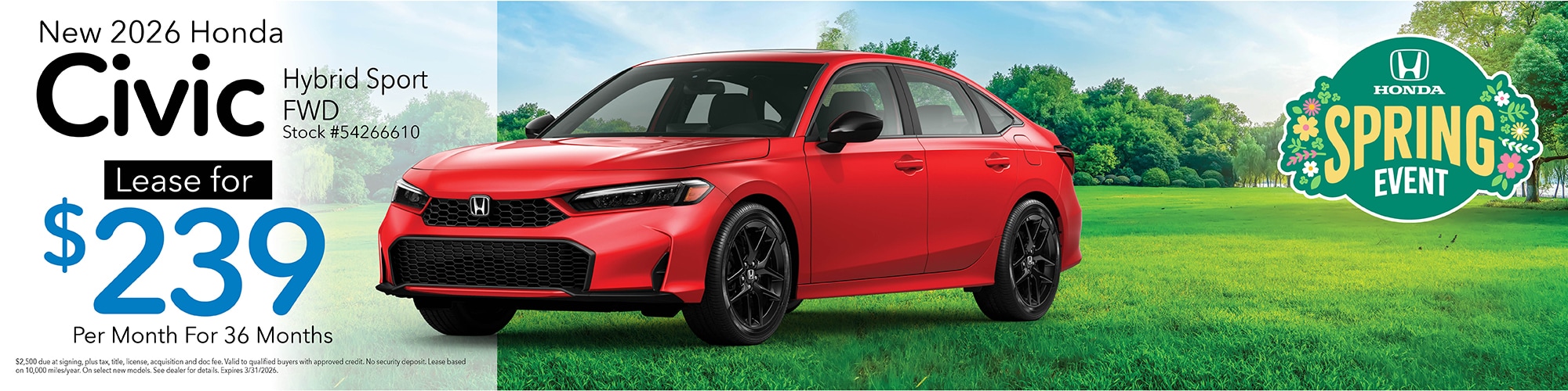 Lease a new 2026 Honda Civic Hybrid Sport FWD for $239 per month for 36 months. Stock number: 54266610