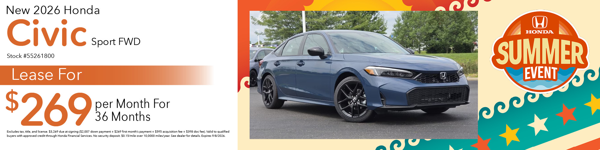 Lease a new 2026 Honda Civic Sport FWD for $269 per month for 36 months. Stock number: 55261800