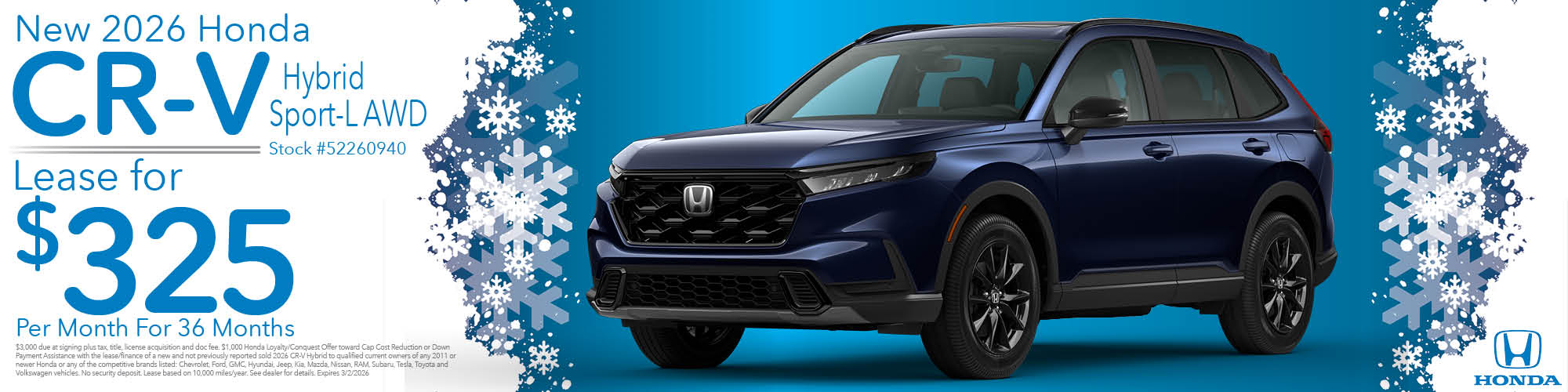 Lease a new 2026 Honda CR-V Hybrid Sport-L AWD for $325 per month for 36 months. Stock number: 52260940