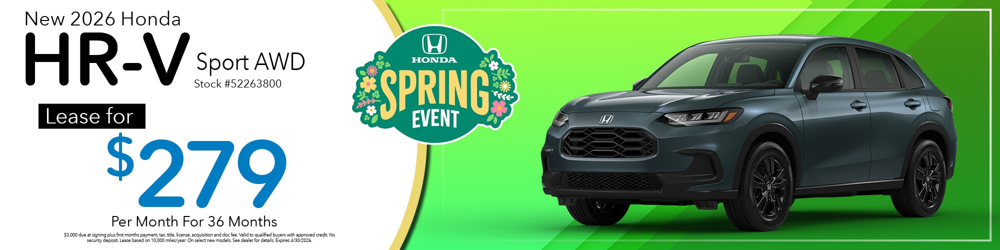 Lease a new 2026 Honda HR-V Sport AWD for $279 per month for 36 months. Stock number: 52263800