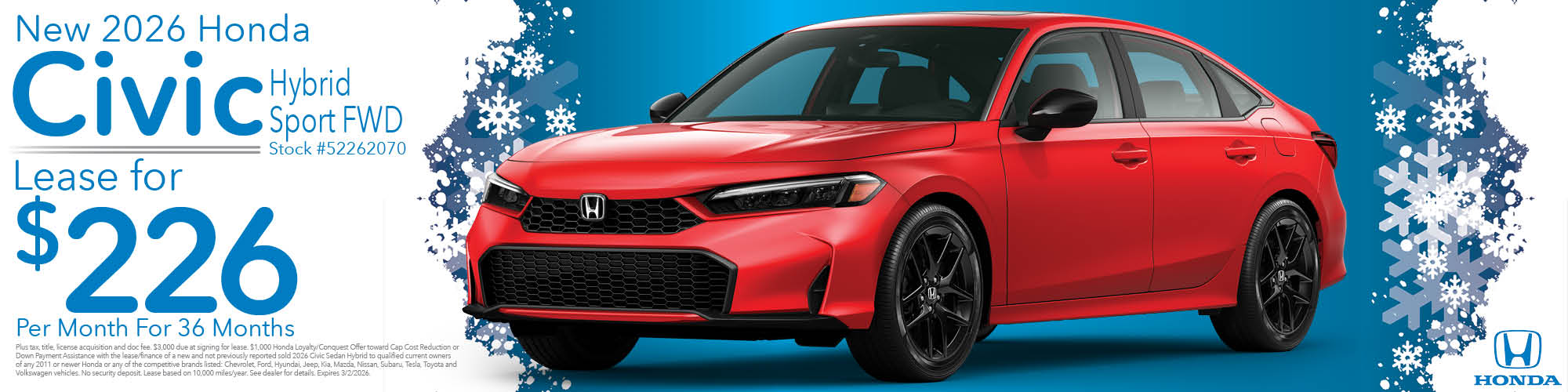 Lease a new 2026 Honda Civic Hybrid Sport FWD for $226 per month for 36 months. Stock number: 52262070