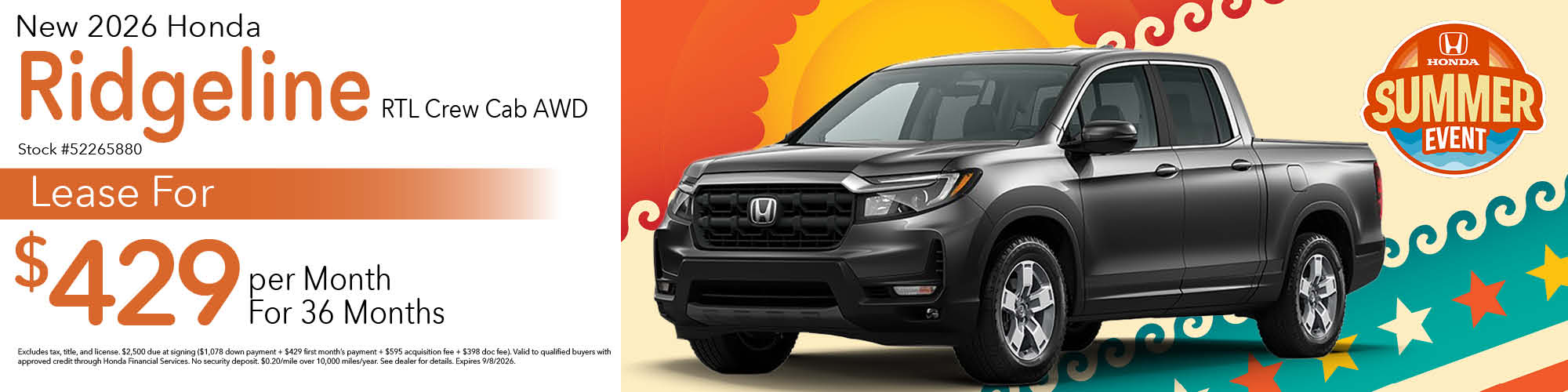 Lease a new 2026 Honda Ridgeline RTL Crew Cab AWD for $429 per month for 36 months. Stock number: 52265880