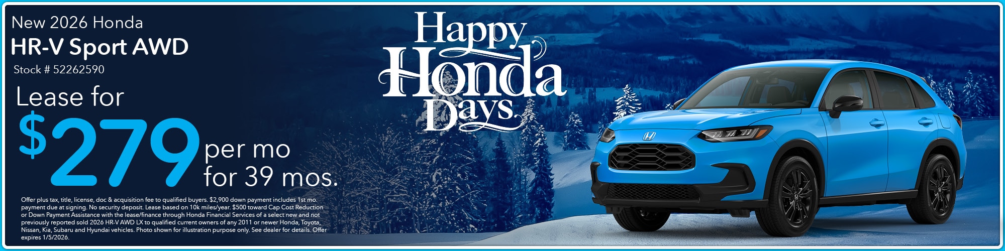Lease a new 2026 Honda HR-V Sport AWD for $279 per month for 39 months. Stock number: 52262590