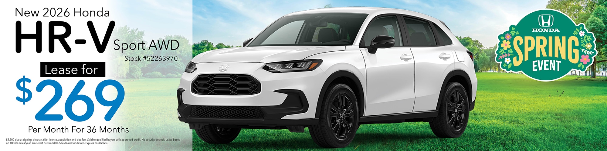 Lease a new 2026 Honda HR-V Sport AWD for $269 per month for 36 months. Stock number: 52263970