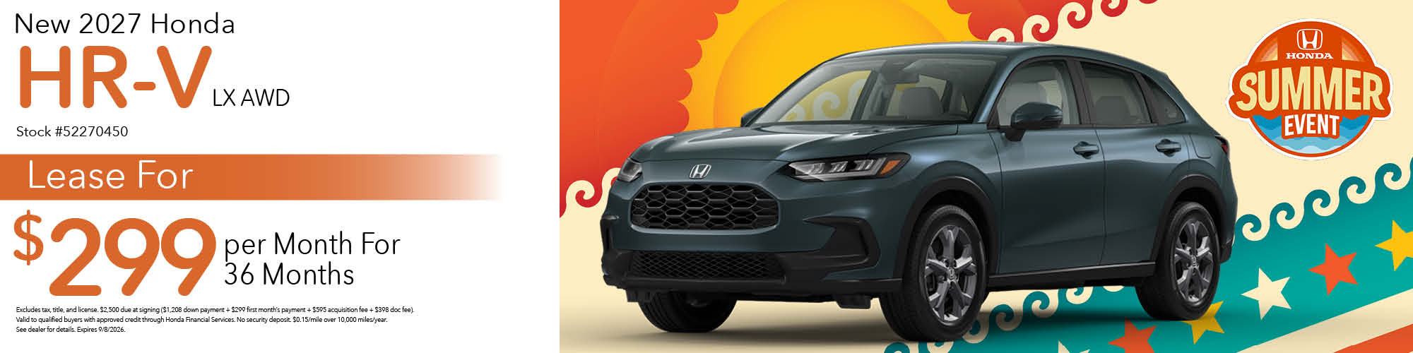 Lease a new 2027 Honda HR-V LX AWD for $299 per month for 36 months. Stock number: 52270450