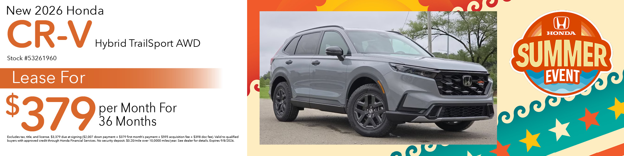 Lease a new 2026 Honda CR-V Hybrid TrailSport AWD for $379 per month for 36 months. Stock number: 53261960