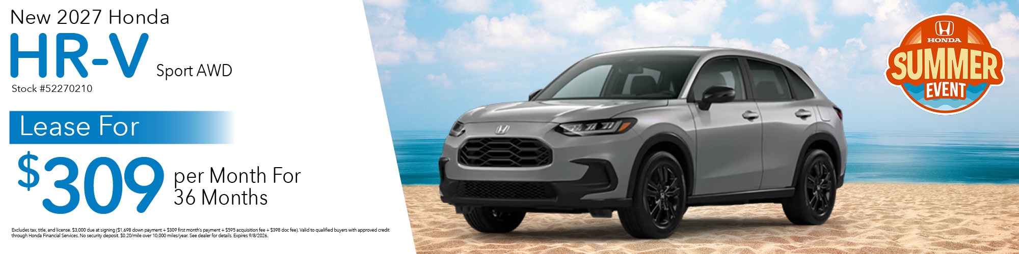 Lease a new 2027 Honda HR-V Sport AWD for $309 per month for 36 months. Stock number: 52270210