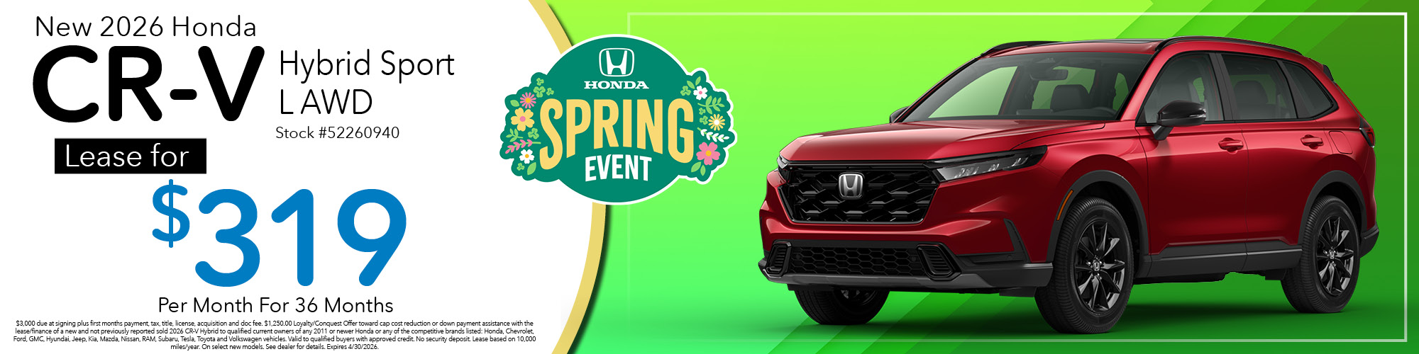 Lease a new 2026 Honda CR-V Hybrid Sport-L AWD for $319 per month for 36 months. Stock number: 52260940
