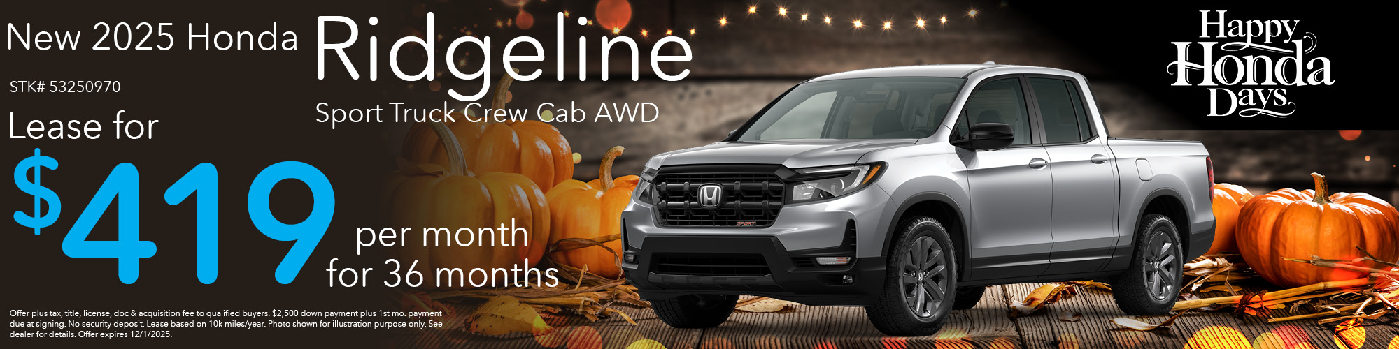 Lease a new 2025 Honda Ridgeline Sport Truck Crew Cab AWD for $419 per month for 36 months. Stock number: 53250970