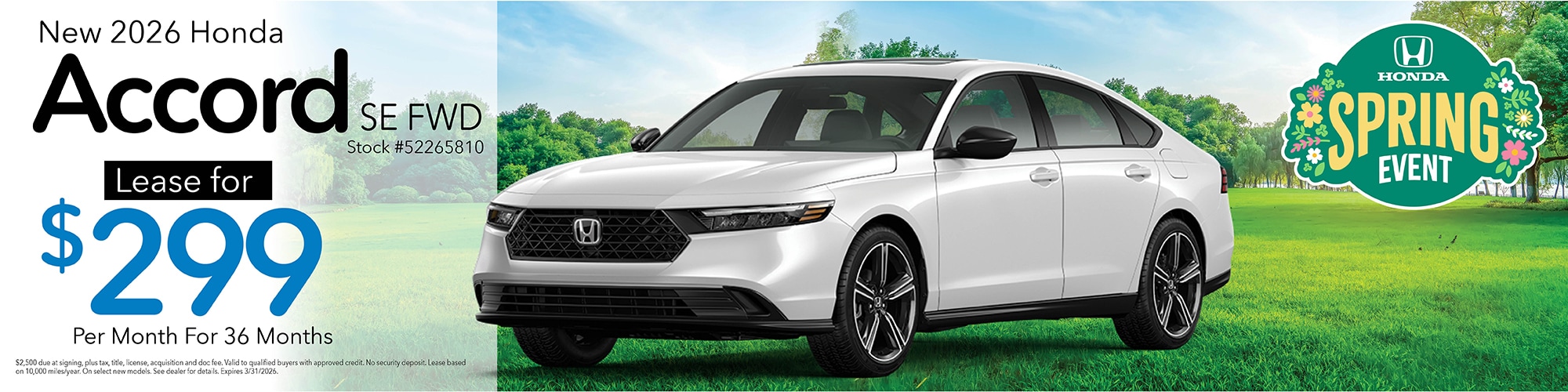 Lease a new 2026 Honda Accord SE FWD for $299 per month for 36 months. Stock number: 52265810