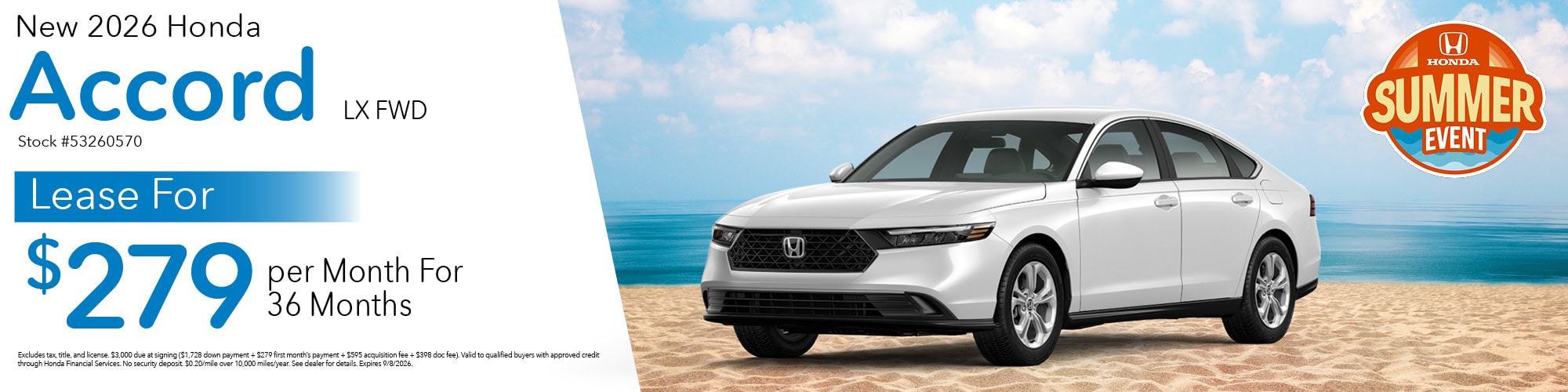 Lease a new 2026 Honda Accord LX FWD for $279 per month for 36 months. Stock number: 53260570