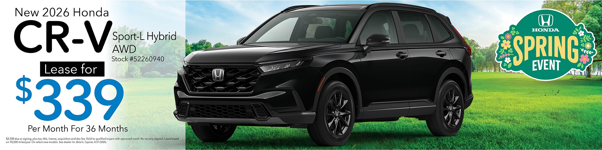 Lease a new 2026 Honda CR-V Hybrid Sport-L AWD for $339 per month for 36 months. Stock number: 52260940